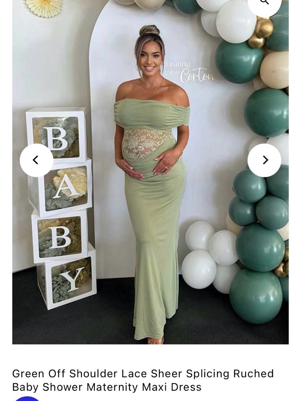 Off-Shoulder Sage Green Maternity Maxi Dress with Lace Bodice